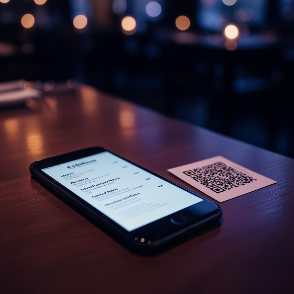 Phone showing a digital restaurant menu with QR code on a restaurant table