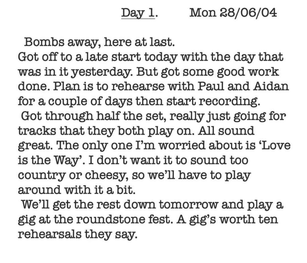 Diary excerpt, end Day 1.